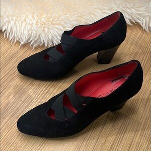 Pas de Rouge Strappy Suede Heels, Mary Jane, Black 9.5 EUC